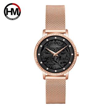 Fashion White Flower 3D Engraving Dial Face Waterproof Ladies Watch