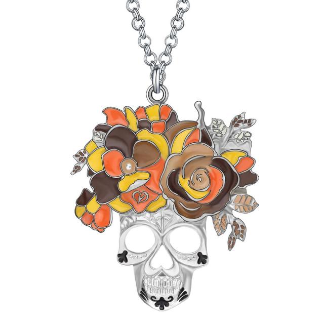 Floral Enamel Alloy Halloween Flower Skull Necklace Aesthetic Pendant Jewelry