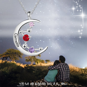 Personalized Necklace Constellation Moon Pendant for Women Customized 3 Birthstones Silver Jewelry