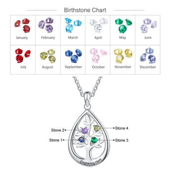 Personalized Tree of Life Necklace with Birthstone Customized Engraving Water Drop Pendant Jewelry