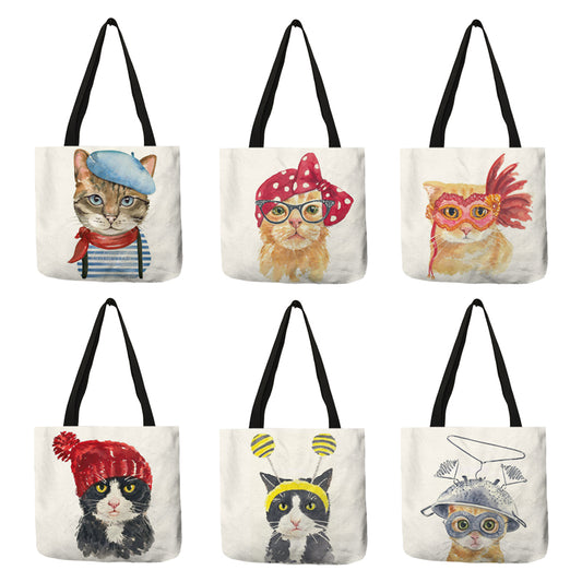 Bolsas de compras reutilizables con estampado de gato bonito, bolsa de lino ecológico plegable