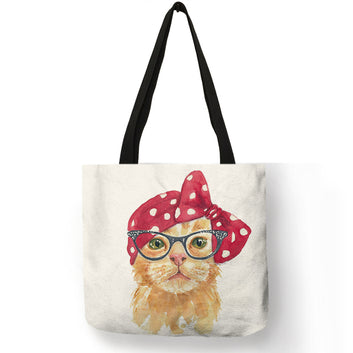Bolsas de compras reutilizables con estampado de gato bonito, bolsa de lino ecológico plegable