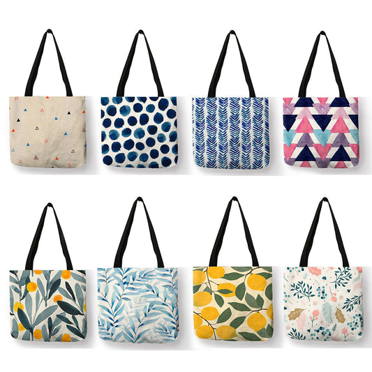 Eco Linen Geometric Pattern Dot Fresh Leaf Printing Shopping Bag