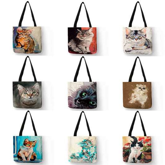Creative Cat Oil Painting Print Shopping Bag