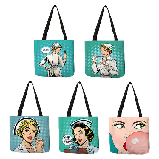 Bolso de mujer con estampado de enfermera, de lino ecológico, práctico bolso de hombro