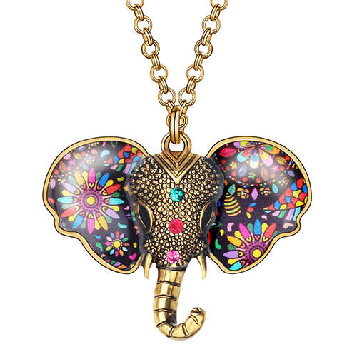 Alloy Antique Gold Plated Floral Elephant Necklace Long Jungle Animal Pendant Jewelry