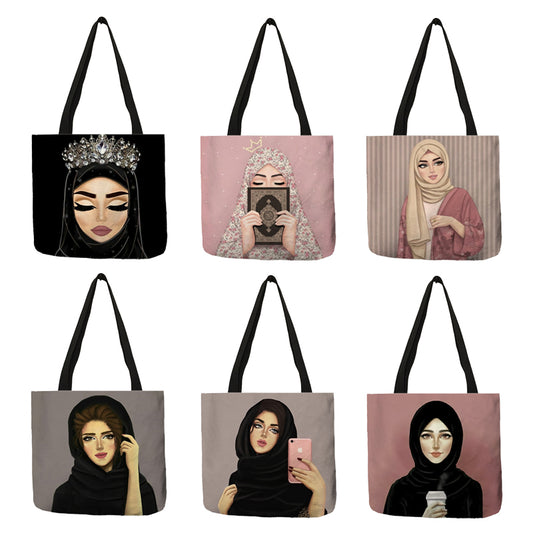 Eco Linen Muslim Islamic Gril Eyes Print Casual Folding Shoulderg Bag