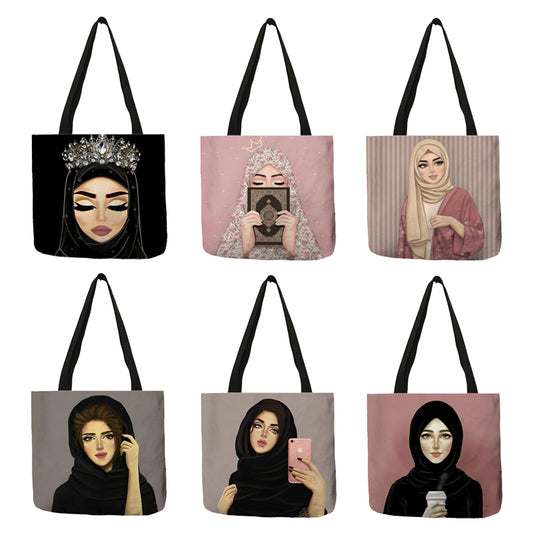 Bolso de hombro plegable informal con estampado de ojos de chica musulmana islámica de lino ecológico