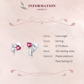 925 Sterling Silver Angel with Heart Stud Earrings