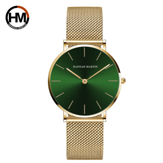 Reloj de mujer resistente al agua con movimiento de cuarzo japonés y esfera dorada y esfera verde