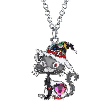 Enamel Alloy Crystal Rhinestone Cat Necklace Long Lovely Kitten Animal Pendant Jewelry