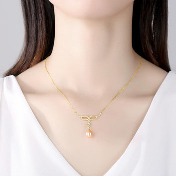Collar con colgante de perlas naturales en forma de cuerno de ciervo, plata 925, joyería fina.