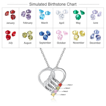 Personalized Family Heart Pendant Necklace with 2-6 Birthstones Customized Engraving Name Necklace