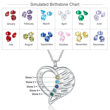 Personalized Birthstone Necklace Custom Family Name Engraved Heart Pendant