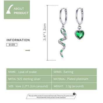 925 Sterling Silver Snake Green Heart Hoop Earrings
