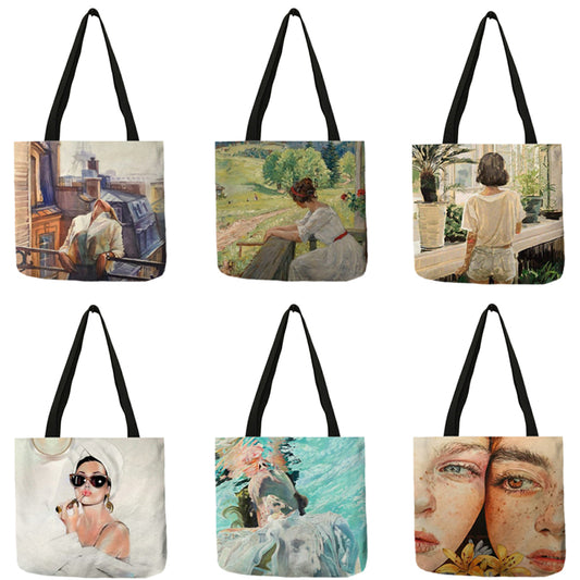 Bolsa de compras con estampado de pintura al óleo de una dama moderna de arte pop