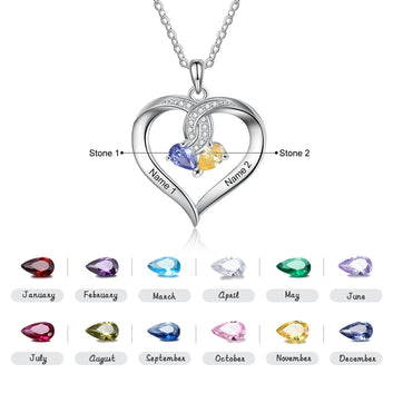 Personalized Name Engraved Heart Pendant Necklace with 2 Birthstones Customize Necklace