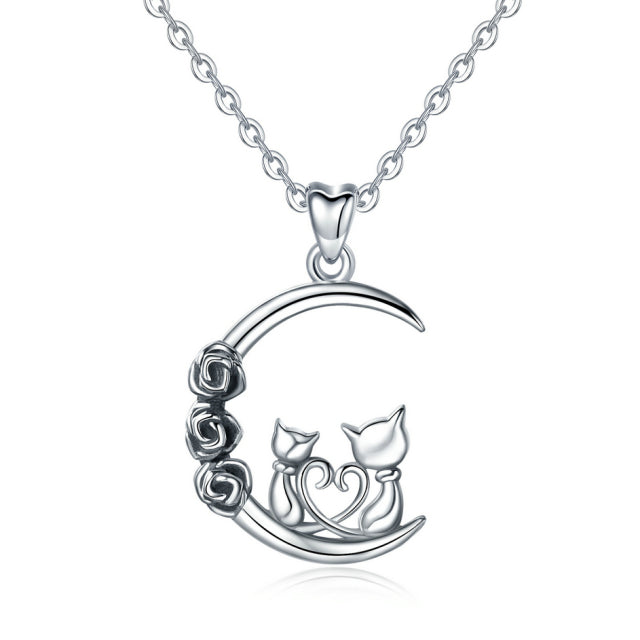 Eudora Siamese cat 2 cat On moon Dating pussy Pendant Necklace Sterling silver Jewelry