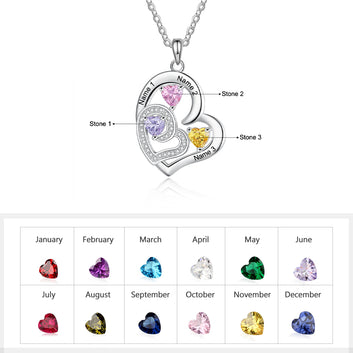 Romantic Custom Name Engraved Necklaces for Women Personalized Heart Pendant Necklace with 3 Birthstones
