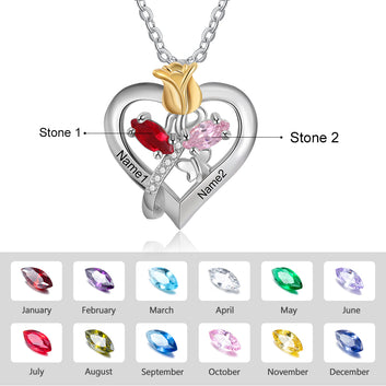 Personalized Couple Name Rose Flower Pendant Necklace Custom Birthstone Engraved Heart Necklace