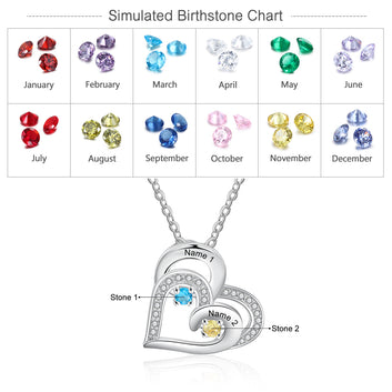 Personalized Necklace with Birthstone Custom Engraved Name Heart Necklace