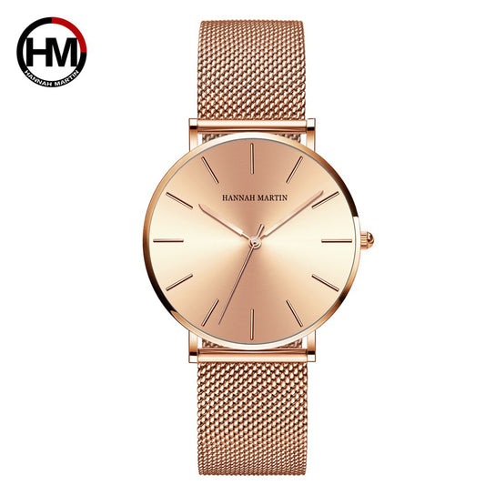 Reloj clásico para mujer, de malla de acero inoxidable en oro rosa, resistente al agua.