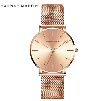 Reloj clásico para mujer, de malla de acero inoxidable en oro rosa, resistente al agua.