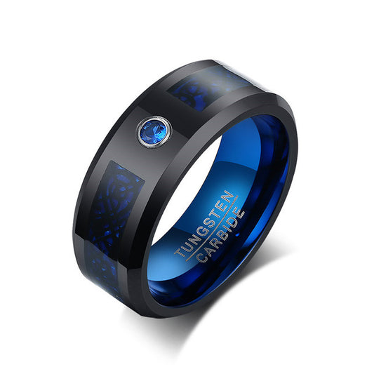 Vintage Carbon Fiber Scrub Blue Zircon Tungsten Ring