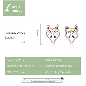 925 Sterling Silver Fox Mask Light Stud Earrings