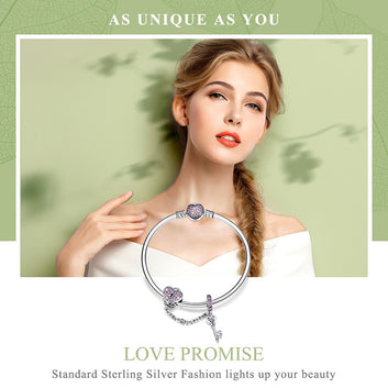 Pulsera de plata de ley 925 con forma de corazón y circonita morada