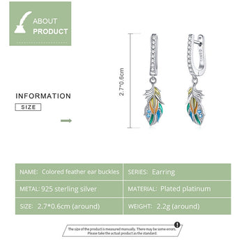 925 Sterling Silver Colorful Feather Earrings