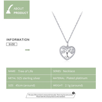 Collar de corazón radiante del árbol de la vida en plata de ley 925