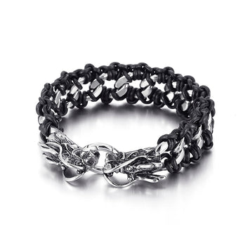 Pulsera ancha trenzada con animales, pulsera punk de cuero y acero inoxidable
