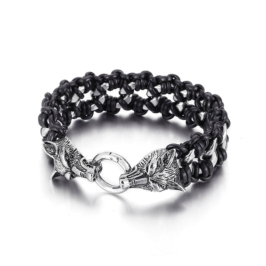 Pulsera ancha trenzada con animales, pulsera punk de cuero y acero inoxidable