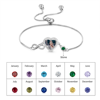 Personalized Heart Photo Customized Birthstone Engraved Name Adjustable Bracelet