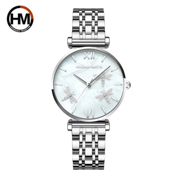 Reloj de acero inoxidable con diseño de libélula y concha de perla para mujer, de lujo, con diamantes festoneados