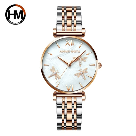 Reloj de acero inoxidable con diseño de libélula y concha de perla para mujer, de lujo, con diamantes festoneados