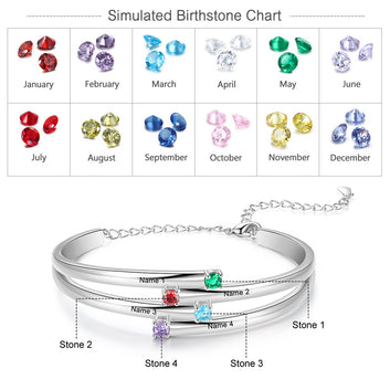 Personalized 4 Birthstones Custom Name Engraved Bracelet