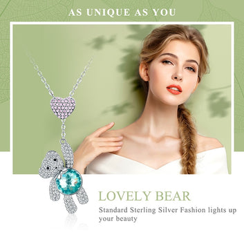 925 Sterling Silver Pink Heart And Cute Bear Necklace