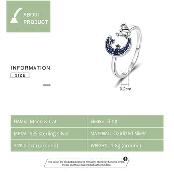 Anillo ajustable de plata de ley 925 con diseño de gato lunar