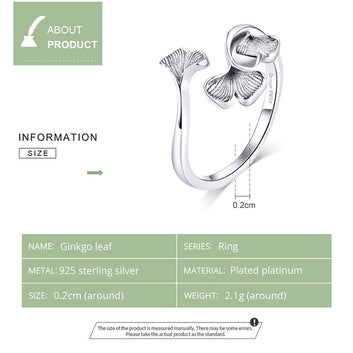Anillo de plata 925 con diseño de hoja de ginkgo