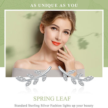 925 Sterling Silver Spring Leaf Leaves Zircon Stud Earrings