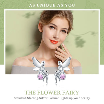 925 Sterling Silver Flower Fairy Pink Stud Earrings