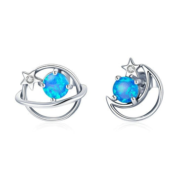 925 Silver Mysterious Planet Blue Opal Moon Star Earrings