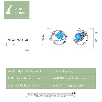 925 Silver Mysterious Planet Blue Opal Moon Star Earrings
