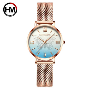 Reloj de cuarzo para mujer, resistente al agua, con correa de malla de oro rosa y mariposa 3D