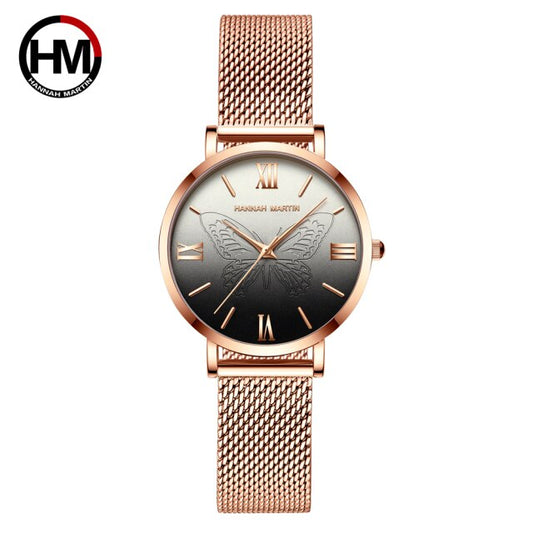 Reloj de cuarzo para mujer, resistente al agua, con correa de malla de oro rosa y mariposa 3D