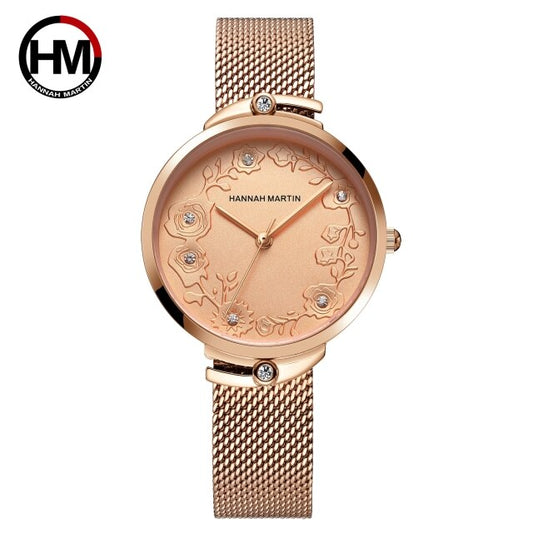 Reloj de cuarzo resistente al agua con correa de malla de oro rosa y diamantes de imitación en relieve.