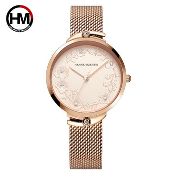 Reloj de cuarzo resistente al agua con correa de malla de oro rosa y diamantes de imitación en relieve.