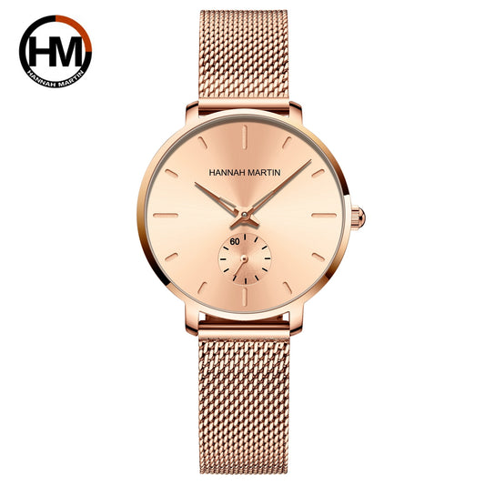 Reloj de cuarzo resistente al agua con correa de malla de acero inoxidable en oro rosa para mujer